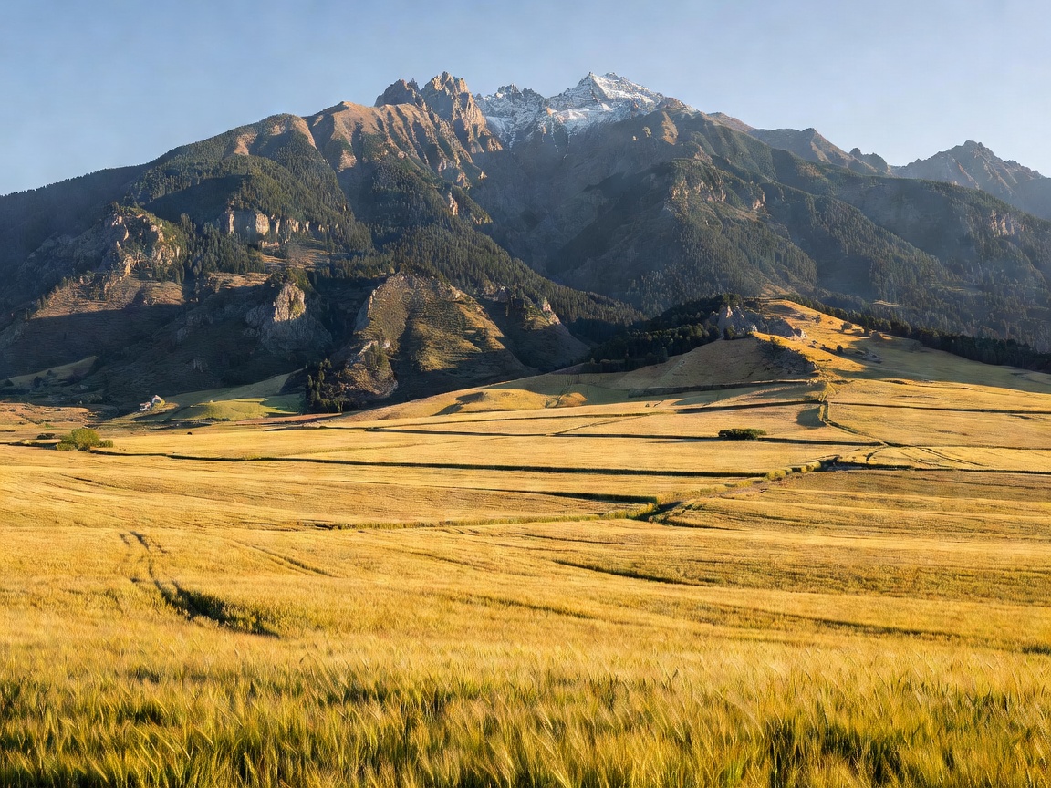 Beautiful mountains adjacent to golden agricultural crop plains