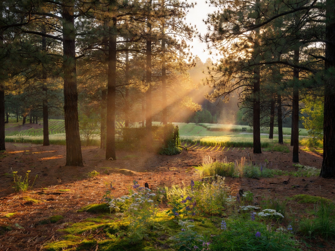 Beautiful sunbeam through pine forests representing agricultural nature themes