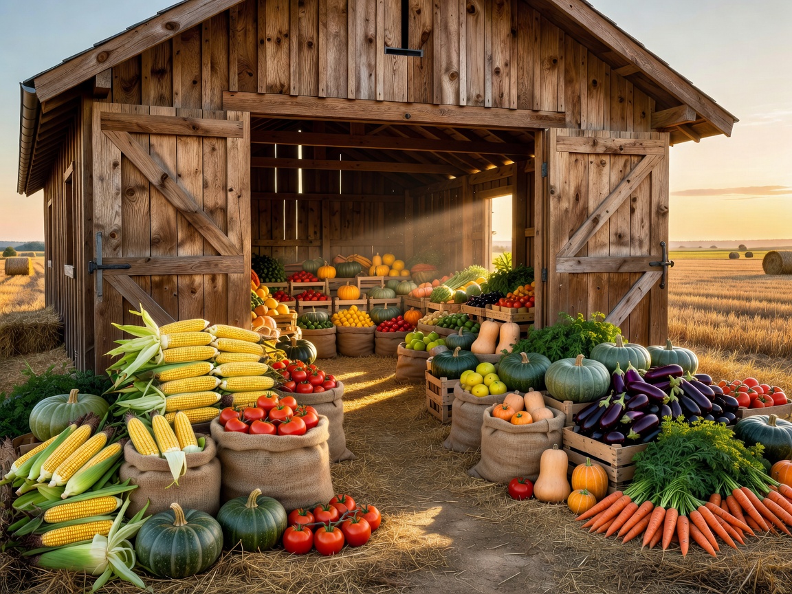 Beautiful wooden harvest barn full of healthy crops