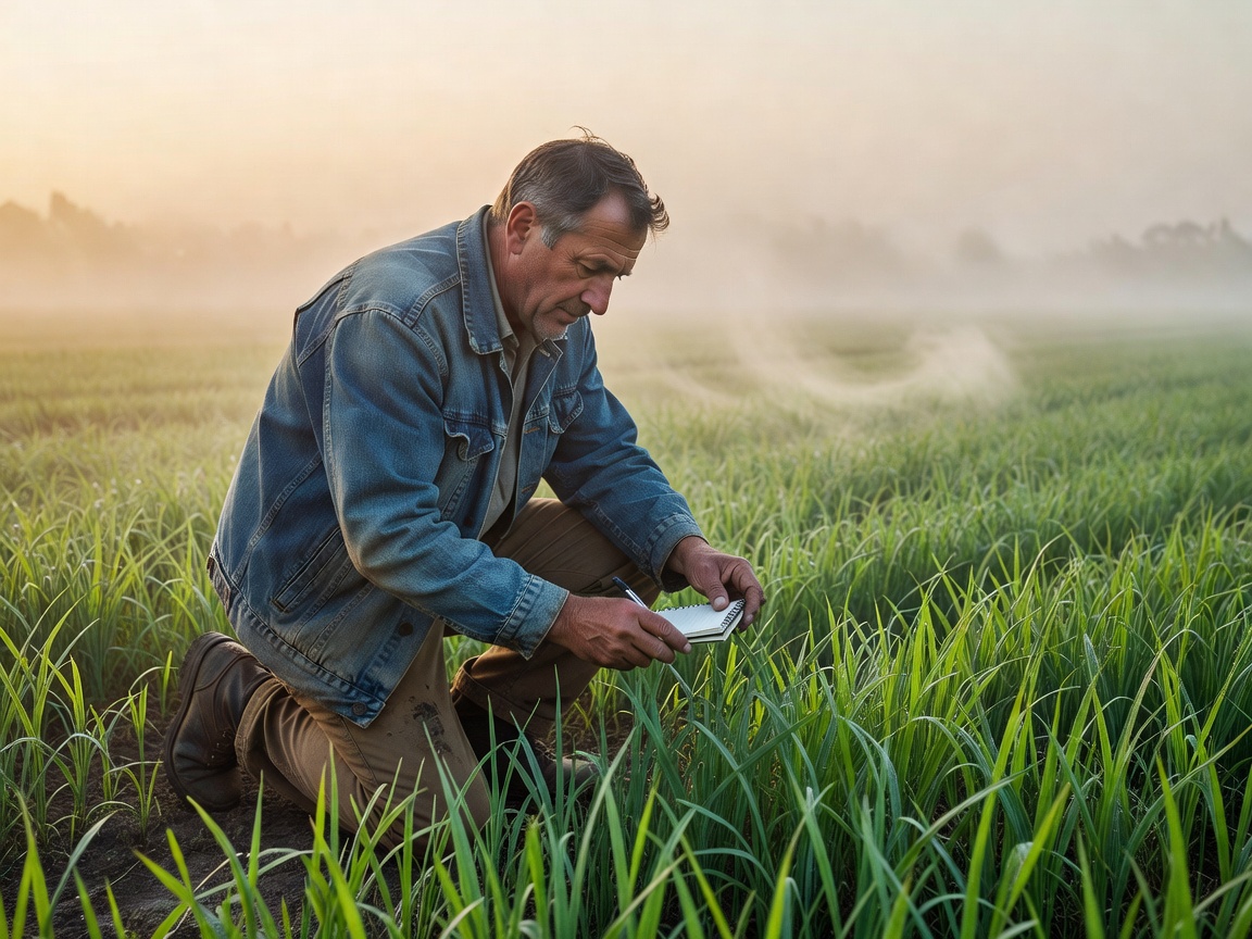 Farmer examining crop growth during morning fog representing research and care